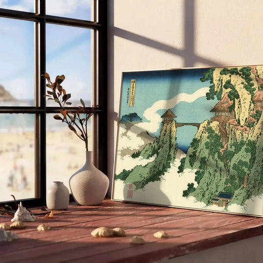 decor Hokusai Bridge Clouds poster serene gray lush green hues art lovers cultural enthusiasts captivating piece elegance space various dimensions A4 cm A0