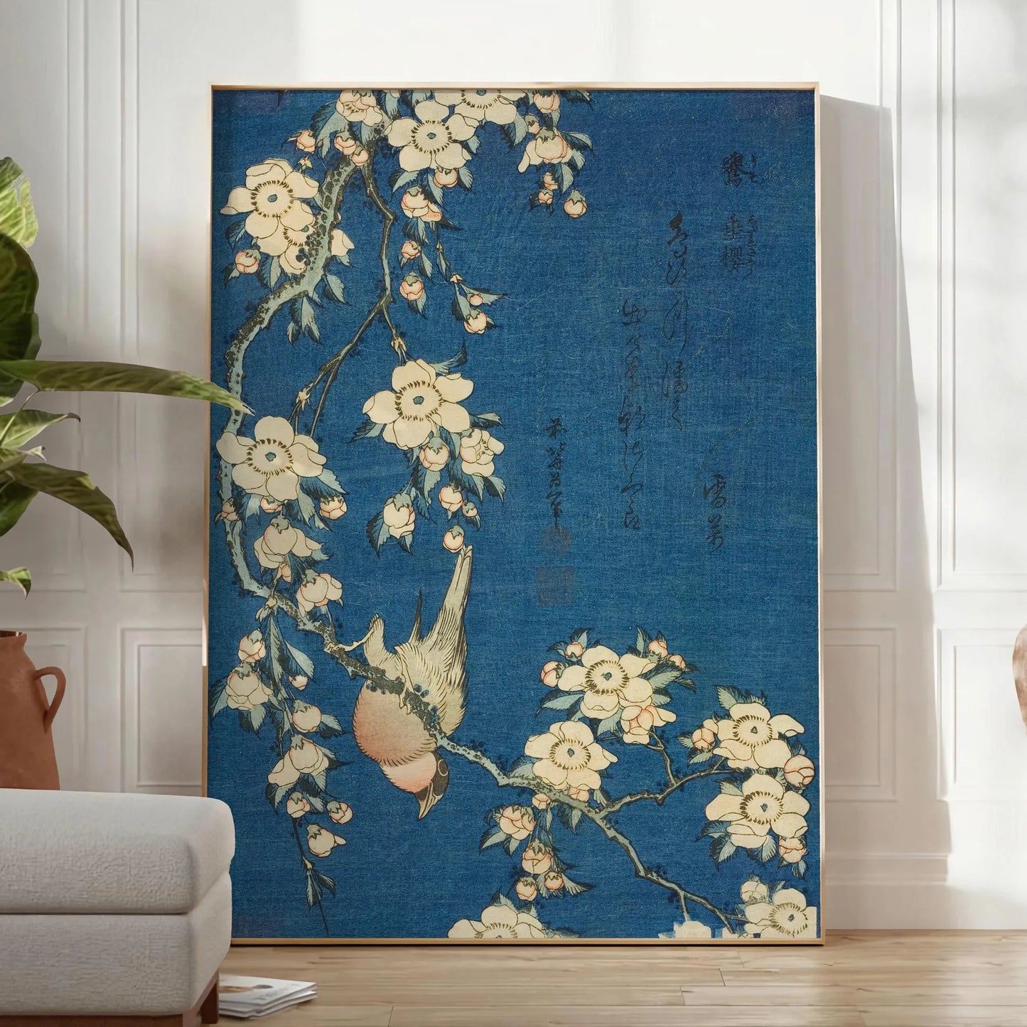 captivating Hokusai Bullfinch Weeping Cherry poster blue rich brown hues art lovers nature enthusiasts exquisite piece traditional beauty modern elegance