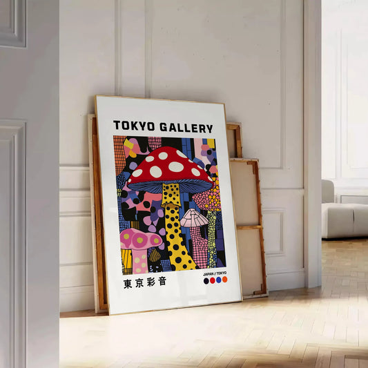 mesmerizing world Mushroom Yayoi Kusama 2 stunning poster vibrant red black hues art lovers collectors piece unique dotted style surreal charm unframed options