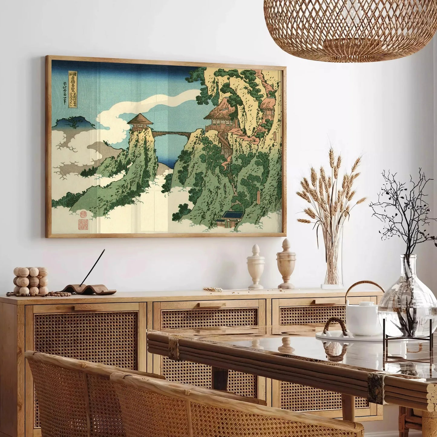 decor Hokusai Bridge Clouds poster serene gray lush green hues art lovers cultural enthusiasts captivating piece elegance space various dimensions A4 cm A0