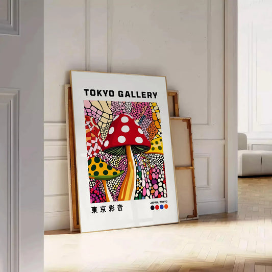 striking Japanese mushroom poster vibrant red black hues art piece tradition modern design space decor available sizes A4 cm A0