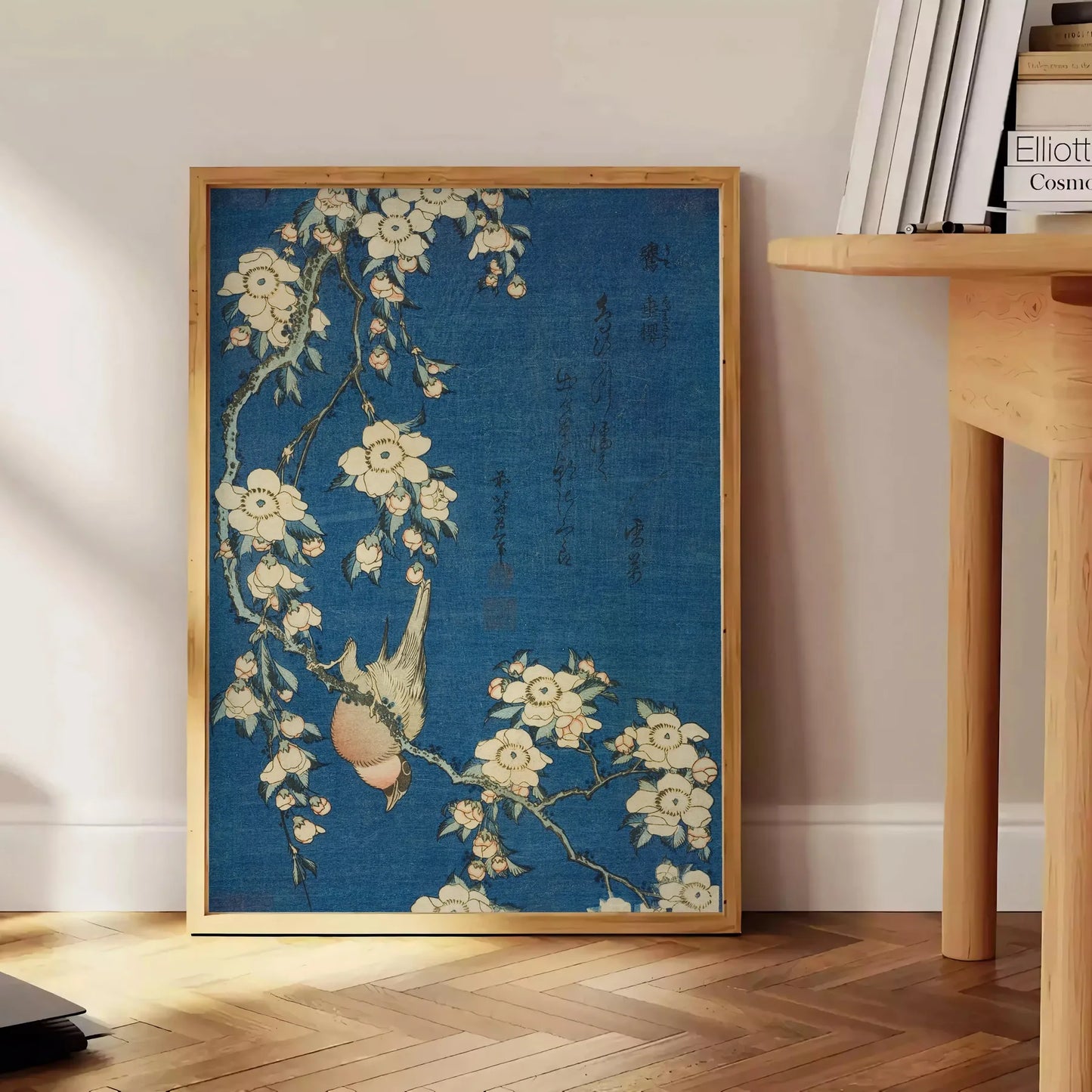 captivating Hokusai Bullfinch Weeping Cherry poster blue rich brown hues art lovers nature enthusiasts exquisite piece traditional beauty modern elegance