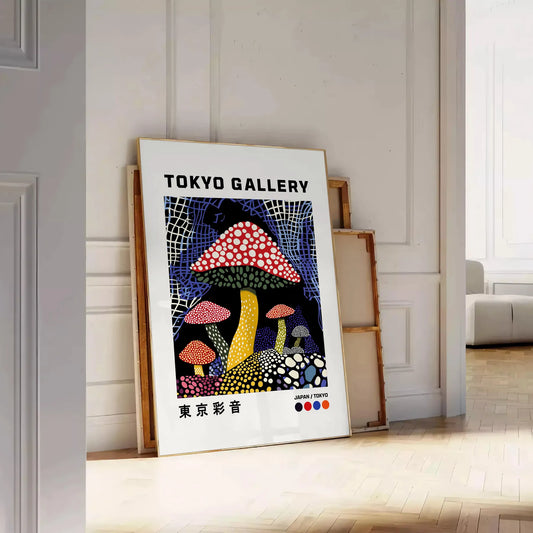 captivating Mushroom Japanese 3 poster striking red black palette unique artwork traditional aesthetics modern twist space various print sizes A4 cm A0