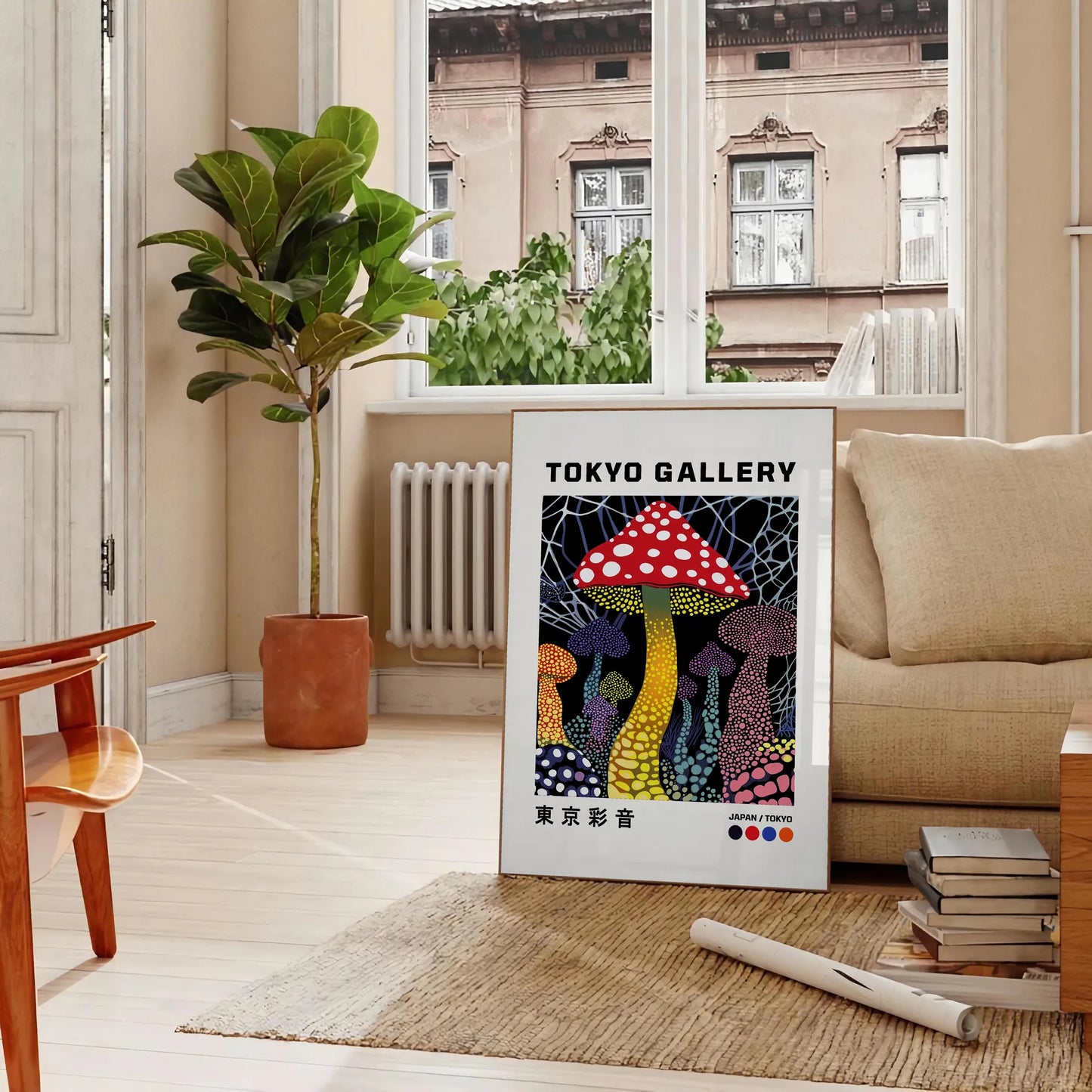 space captivating Mushroom Yayoi Kusama 3 poster vibrant fusion red black hues iconic artist unique dot style bold statement room versatile dimensions A4 cm A0