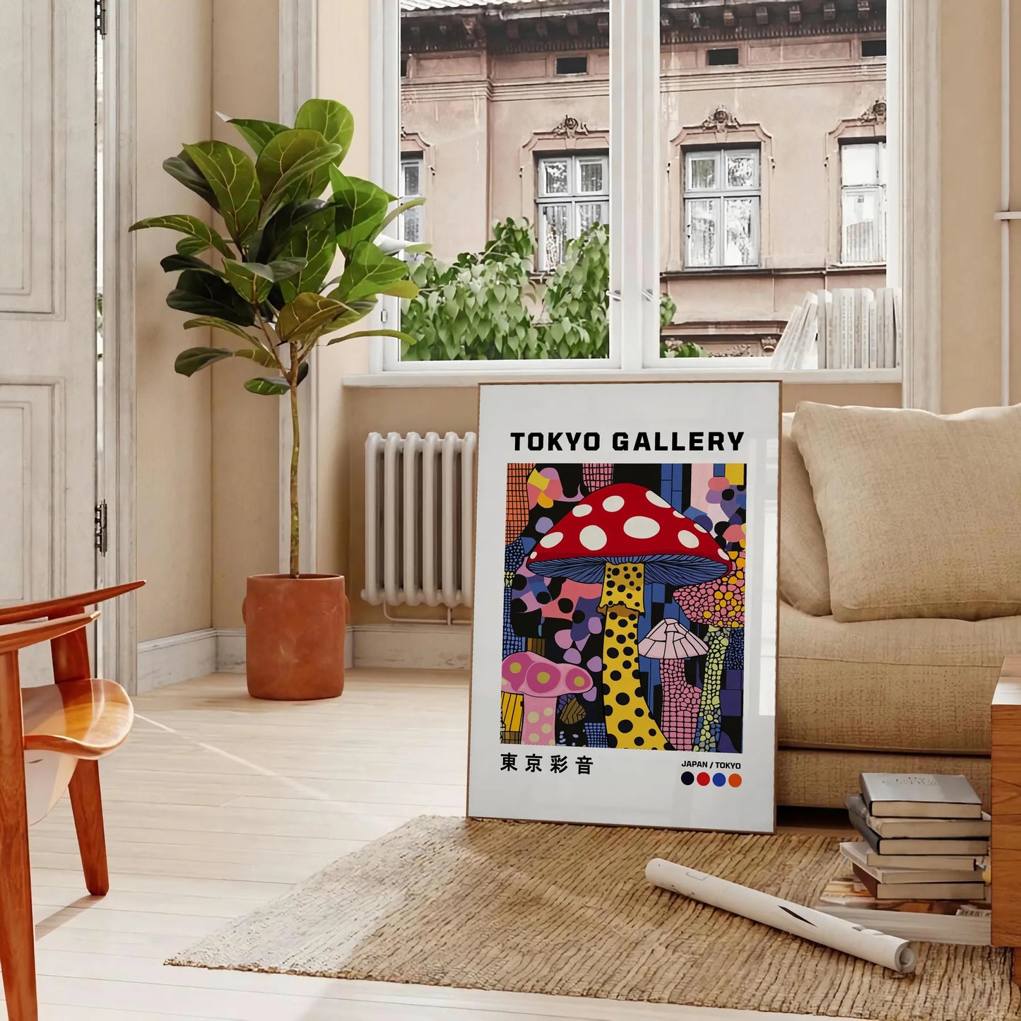 mesmerizing world Mushroom Yayoi Kusama 2 stunning poster vibrant red black hues art lovers collectors piece unique dotted style surreal charm unframed options