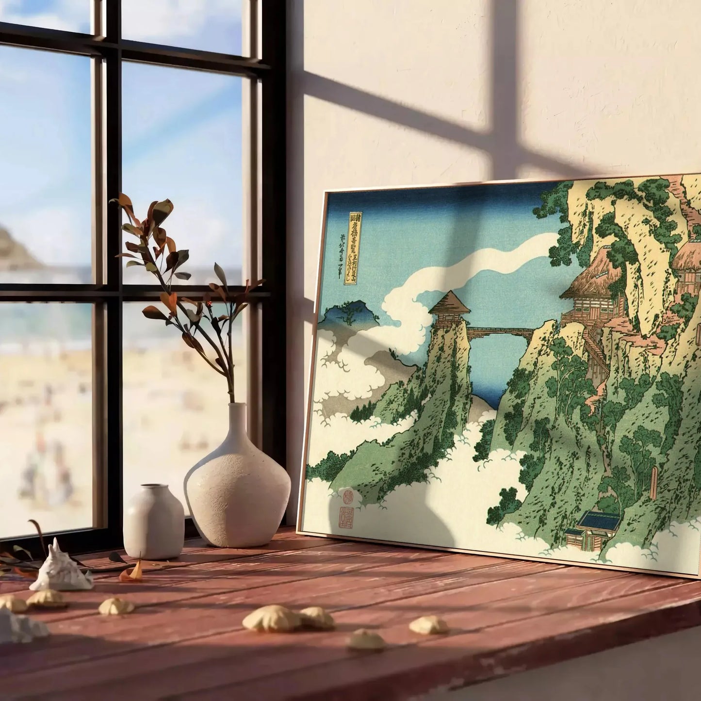 decor Hokusai Bridge Clouds poster serene gray lush green hues art lovers cultural enthusiasts captivating piece elegance space various dimensions A4 cm A0