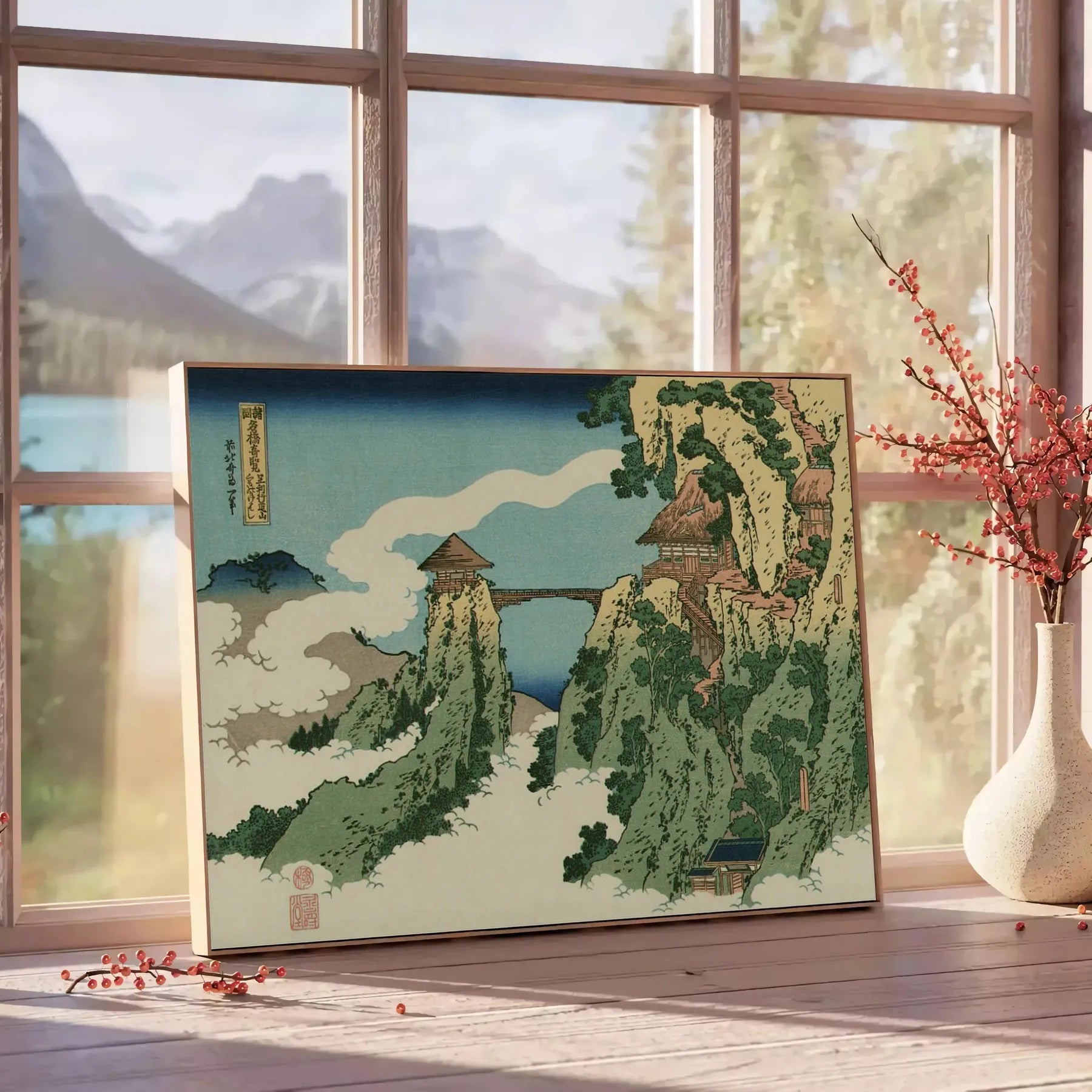 decor Hokusai Bridge Clouds poster serene gray lush green hues art lovers cultural enthusiasts captivating piece elegance space various dimensions A4 cm A0