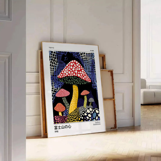 vibrant Mushroom Yayoi Kusama 5 poster striking blend red black hues artist iconic style world infinite dots bold creativity unframed edition captivating artwork