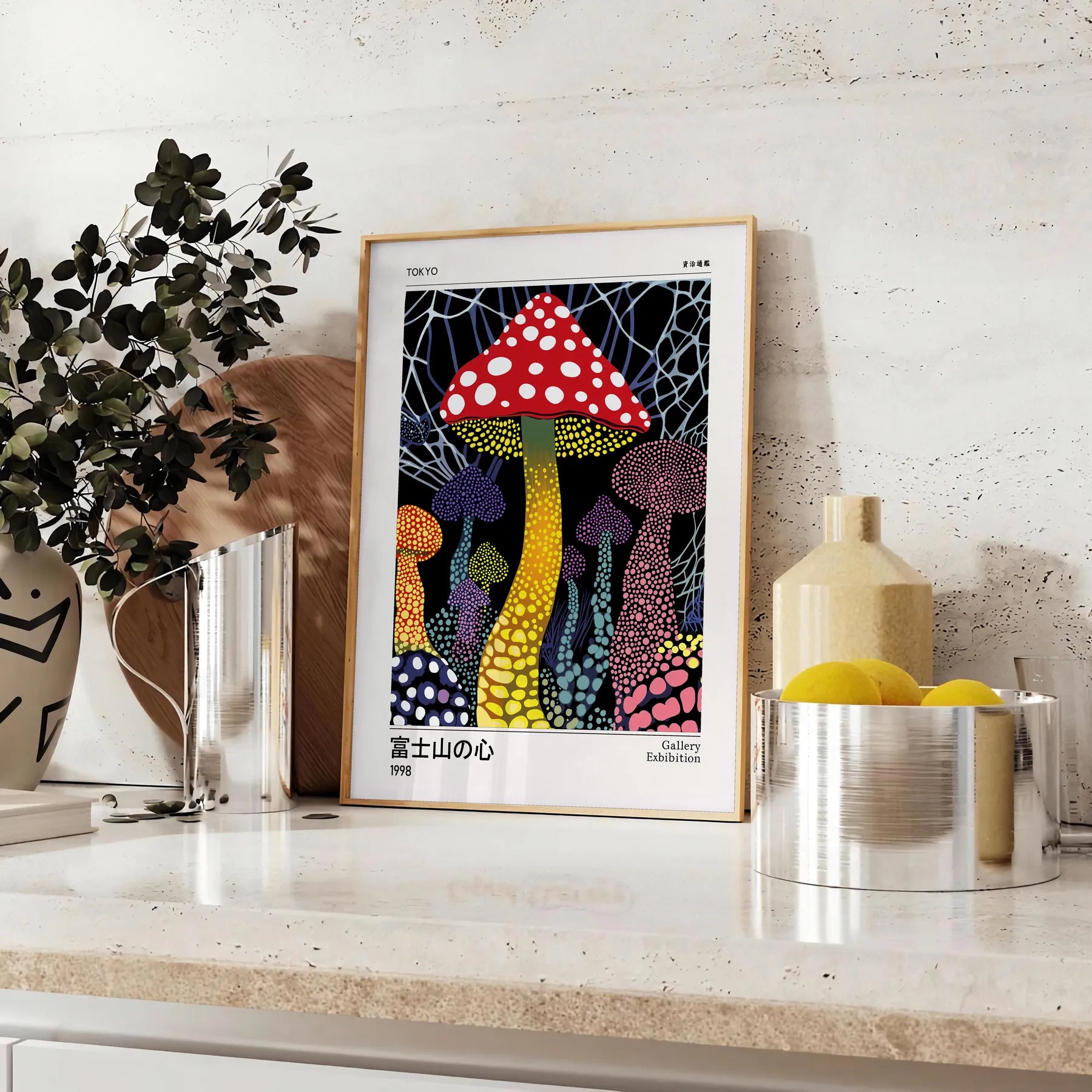 captivating Japanese mushroom poster red black hues touch elegance intrigue space unframed edition style