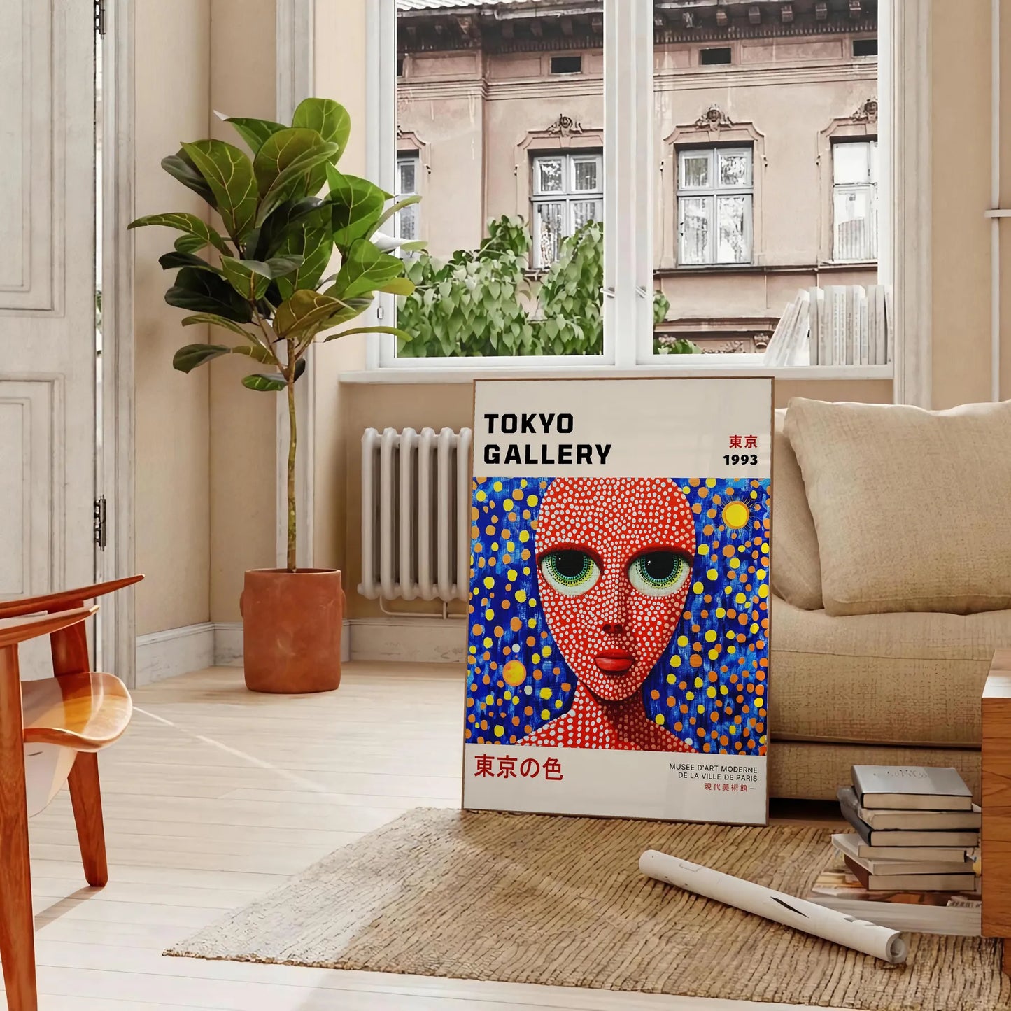 Woman Yayoi Kusama 9 poster dynamic red blue hues iconic artwork life art enthusiasts contemporary decor piece flair sophistication space unframed selections
