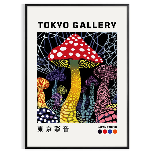 space captivating Mushroom Yayoi Kusama 3 poster vibrant fusion red black hues iconic artist unique dot style bold statement room versatile dimensions A4 cm A0