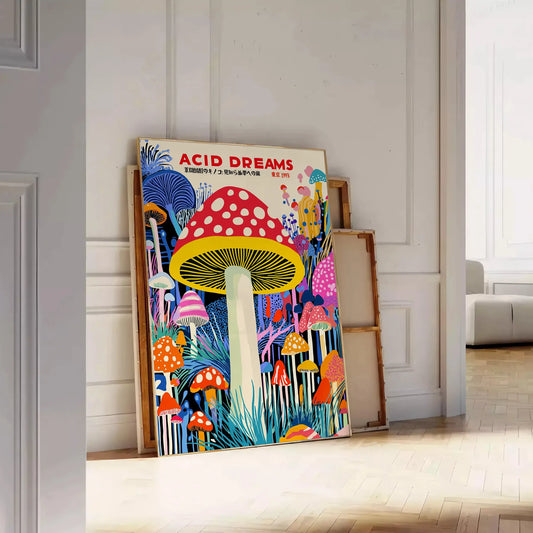 captivating Mushroom Yayoi Kusama 6 poster striking blue red palette art enthusiasts piece contemporary elegance dash whimsy space unframed options convenience