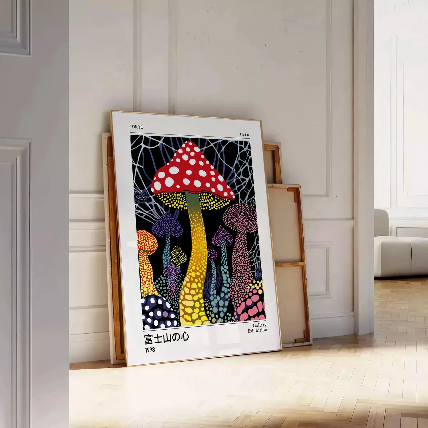 captivating Japanese mushroom poster red black hues touch elegance intrigue space unframed edition style