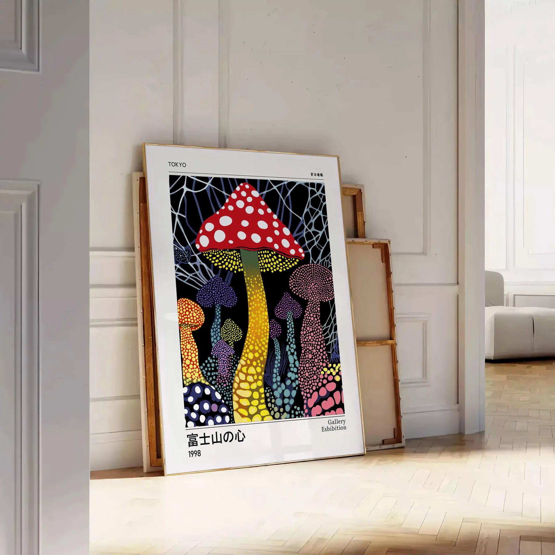 captivating Japanese mushroom poster red black hues touch elegance intrigue space unframed edition style