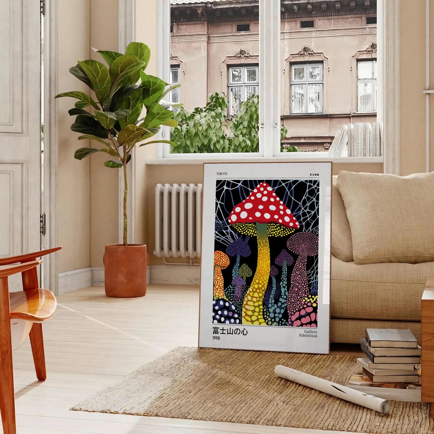 captivating Japanese mushroom poster red black hues touch elegance intrigue space unframed edition style