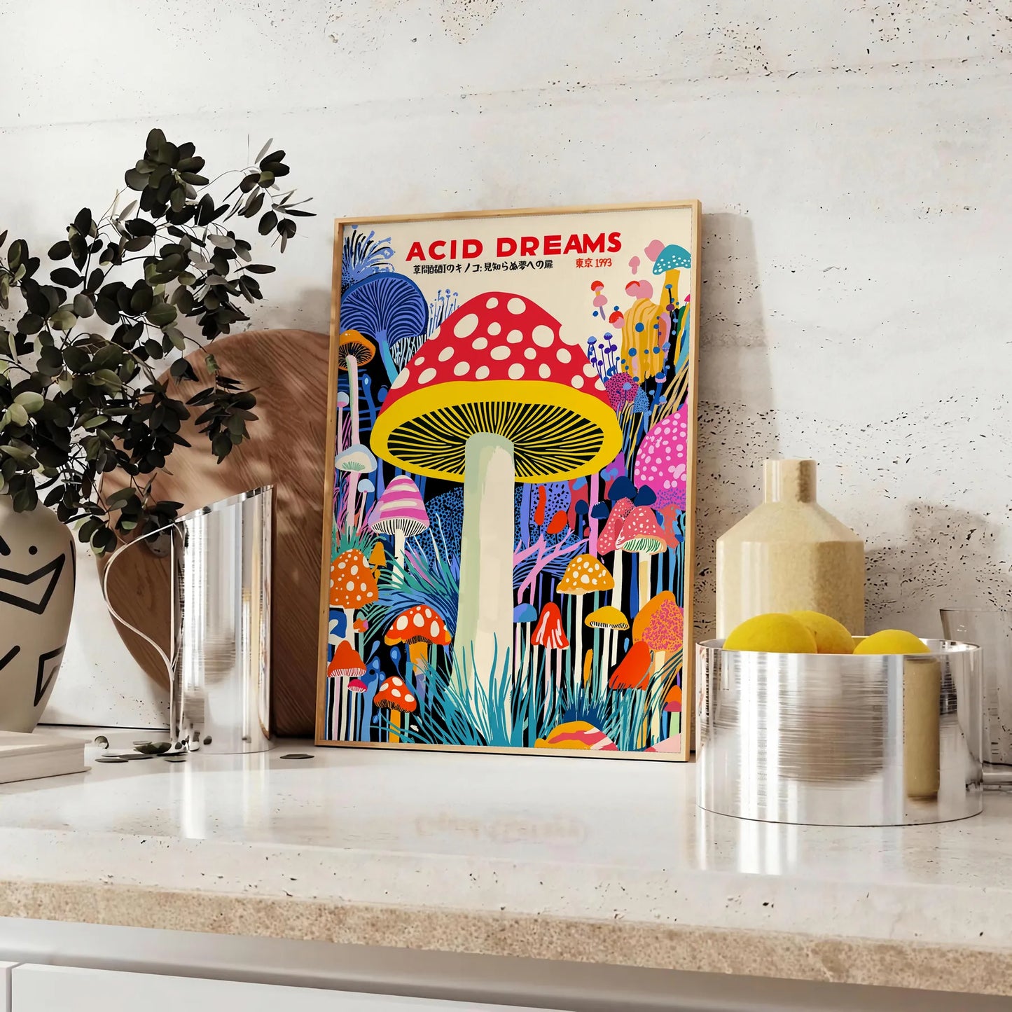 captivating Mushroom Yayoi Kusama 6 poster striking blue red palette art enthusiasts piece contemporary elegance dash whimsy space unframed options convenience