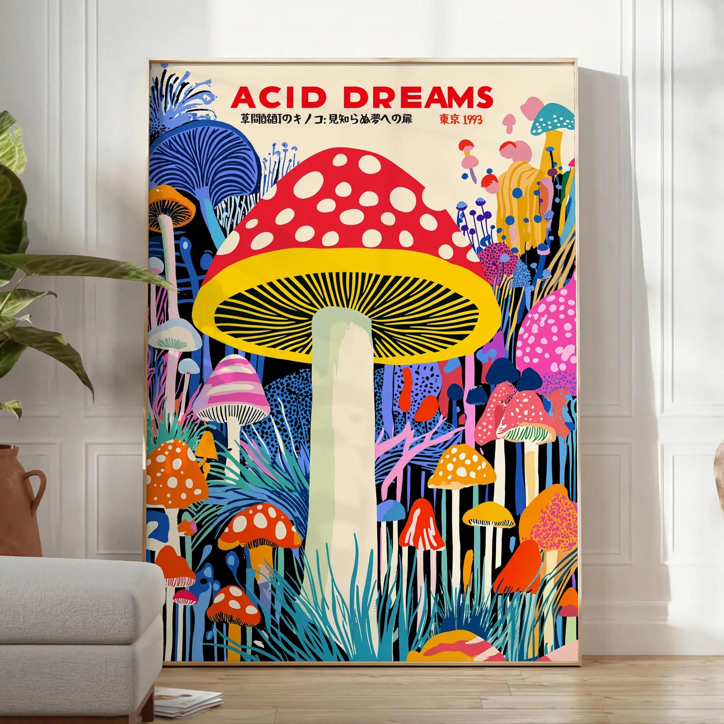 captivating Mushroom Yayoi Kusama 6 poster striking blue red palette art enthusiasts piece contemporary elegance dash whimsy space unframed options convenience