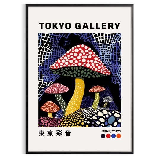 captivating Mushroom Japanese 3 poster striking red black palette unique artwork traditional aesthetics modern twist space various print sizes A4 cm A0