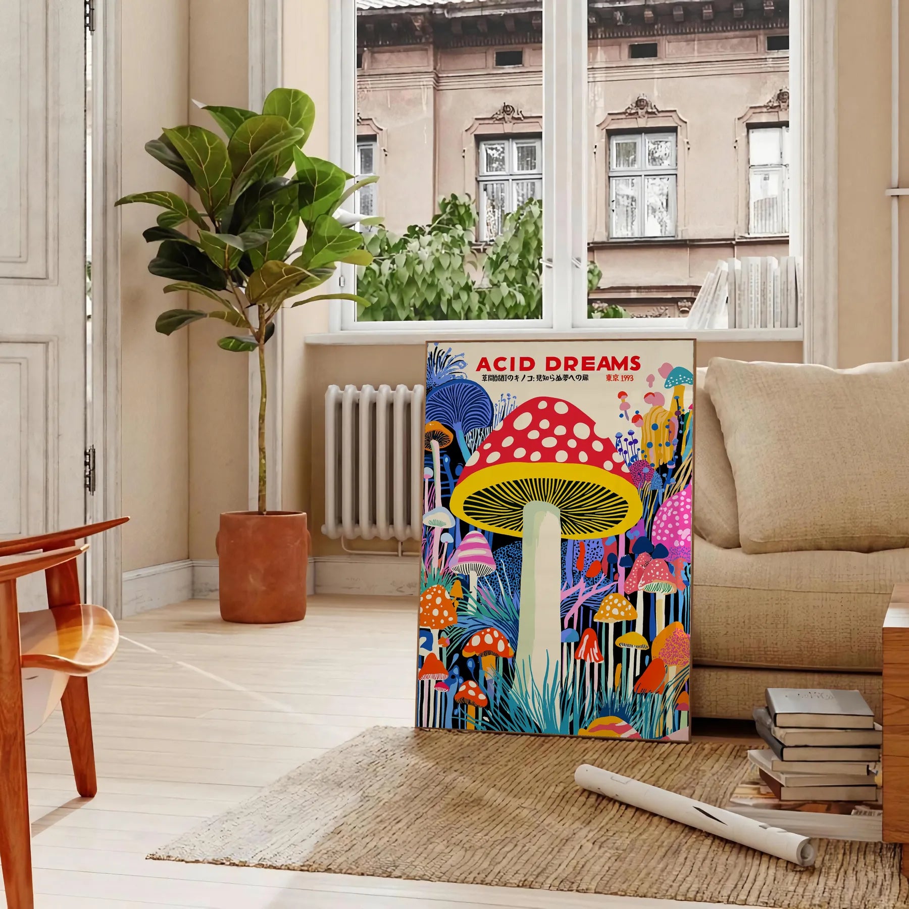 captivating Mushroom Yayoi Kusama 6 poster striking blue red palette art enthusiasts piece contemporary elegance dash whimsy space unframed options convenience