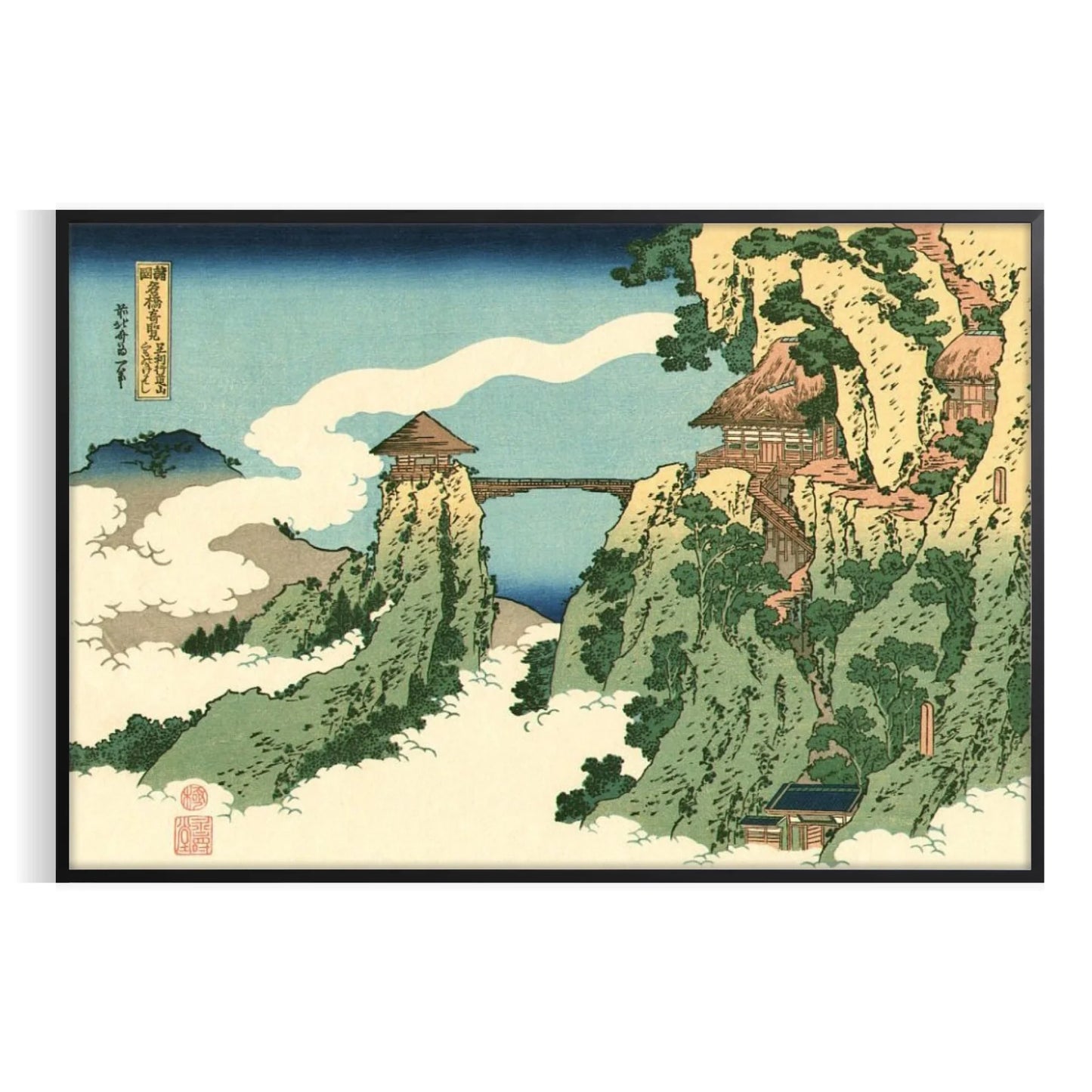 decor Hokusai Bridge Clouds poster serene gray lush green hues art lovers cultural enthusiasts captivating piece elegance space various dimensions A4 cm A0