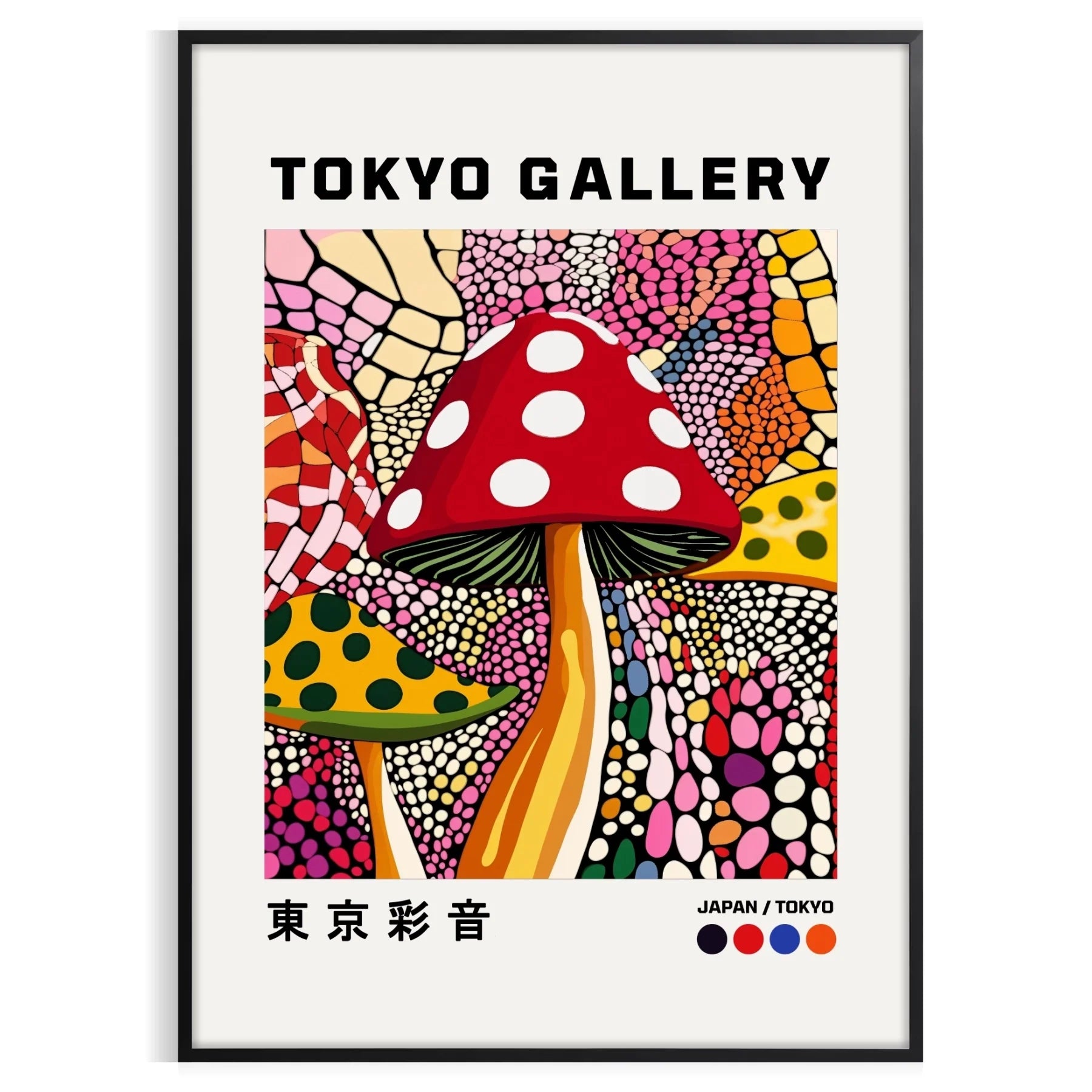 striking Japanese mushroom poster vibrant red black hues art piece tradition modern design space decor available sizes A4 cm A0