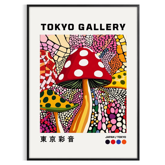 striking Japanese mushroom poster vibrant red black hues art piece tradition modern design space decor available sizes A4 cm A0