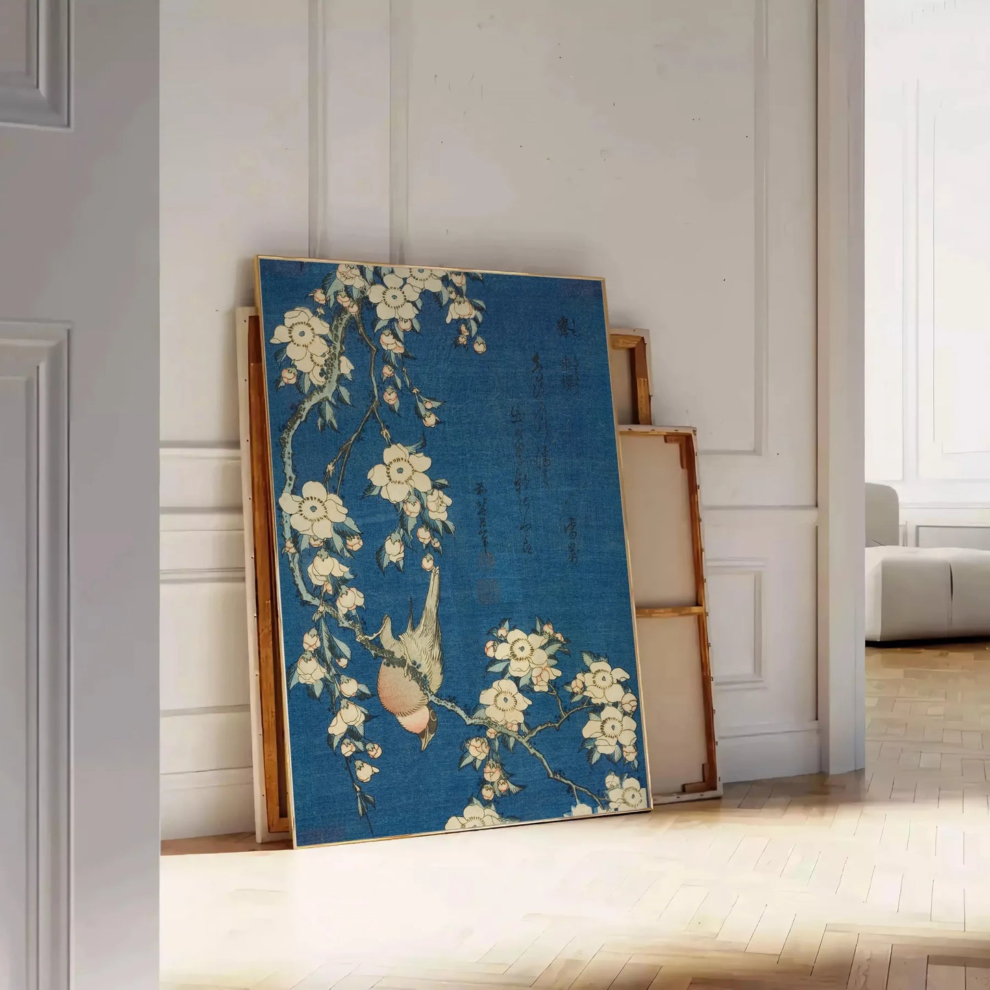 captivating Hokusai Bullfinch Weeping Cherry poster blue rich brown hues art lovers nature enthusiasts exquisite piece traditional beauty modern elegance