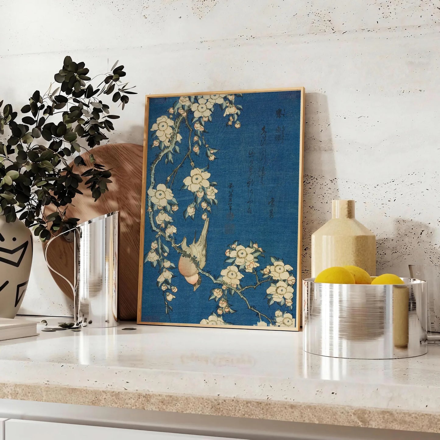 captivating Hokusai Bullfinch Weeping Cherry poster blue rich brown hues art lovers nature enthusiasts exquisite piece traditional beauty modern elegance