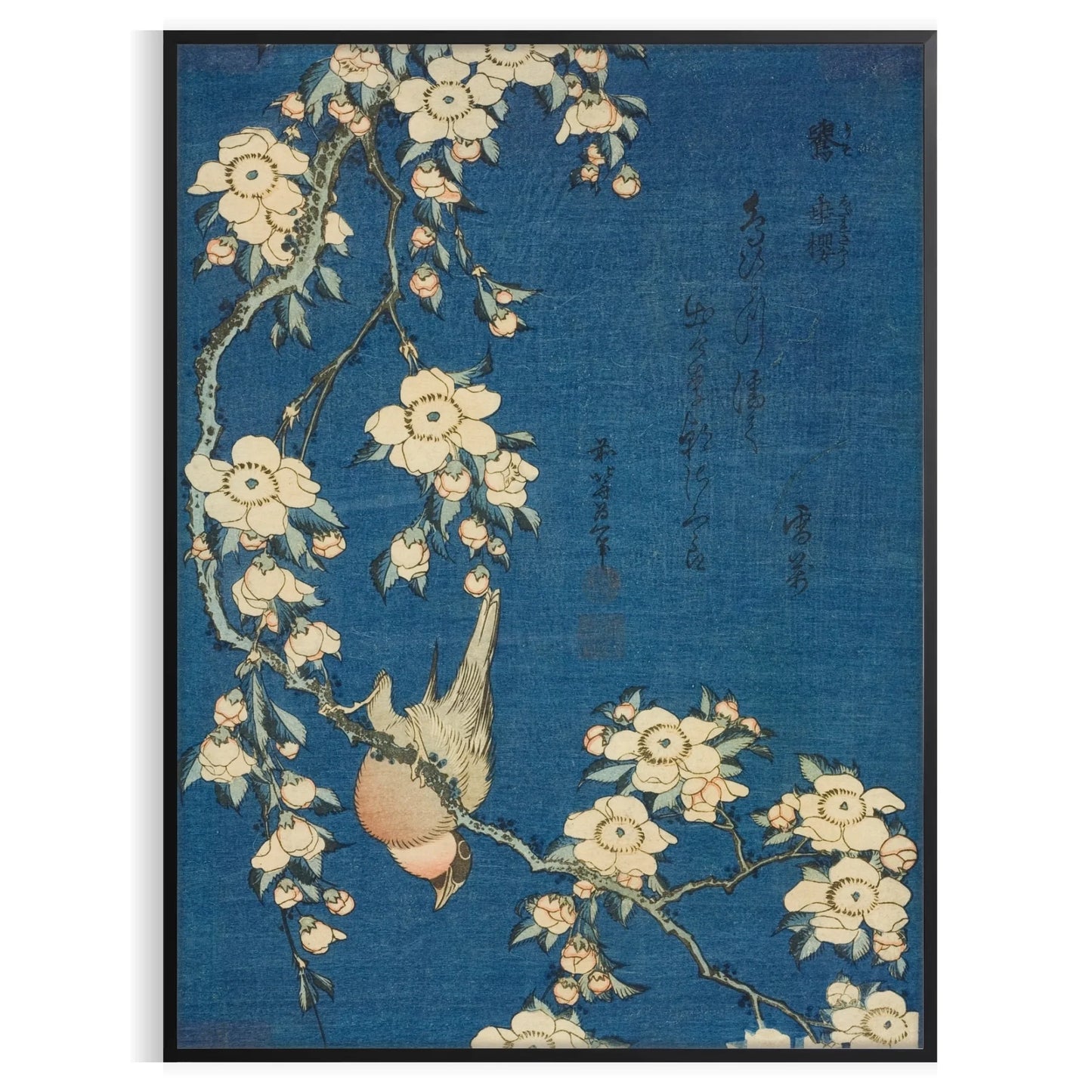 captivating Hokusai Bullfinch Weeping Cherry poster blue rich brown hues art lovers nature enthusiasts exquisite piece traditional beauty modern elegance
