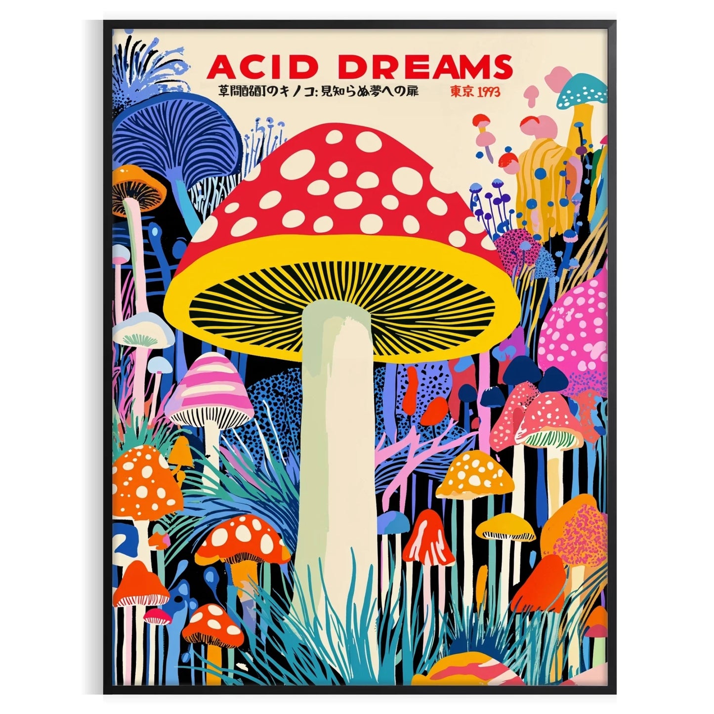 captivating Mushroom Yayoi Kusama 6 poster striking blue red palette art enthusiasts piece contemporary elegance dash whimsy space unframed options convenience
