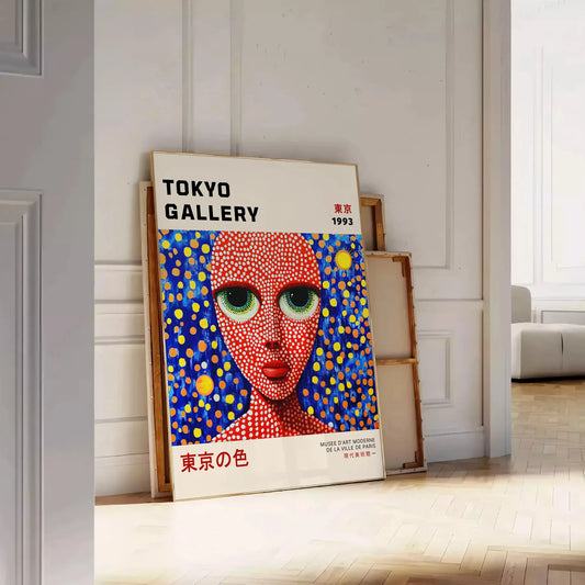 Woman Yayoi Kusama 9 poster dynamic red blue hues iconic artwork life art enthusiasts contemporary decor piece flair sophistication space unframed selections