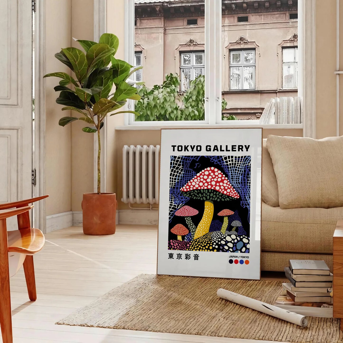 captivating Mushroom Japanese 3 poster striking red black palette unique artwork traditional aesthetics modern twist space various print sizes A4 cm A0