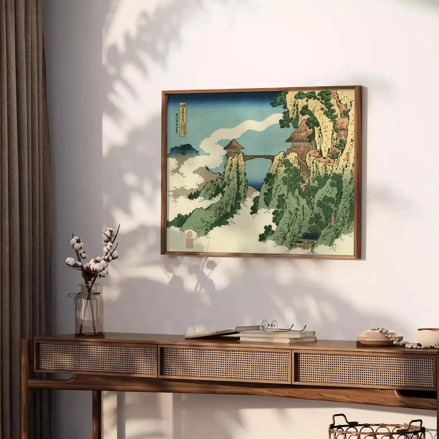 decor Hokusai Bridge Clouds poster serene gray lush green hues art lovers cultural enthusiasts captivating piece elegance space various dimensions A4 cm A0