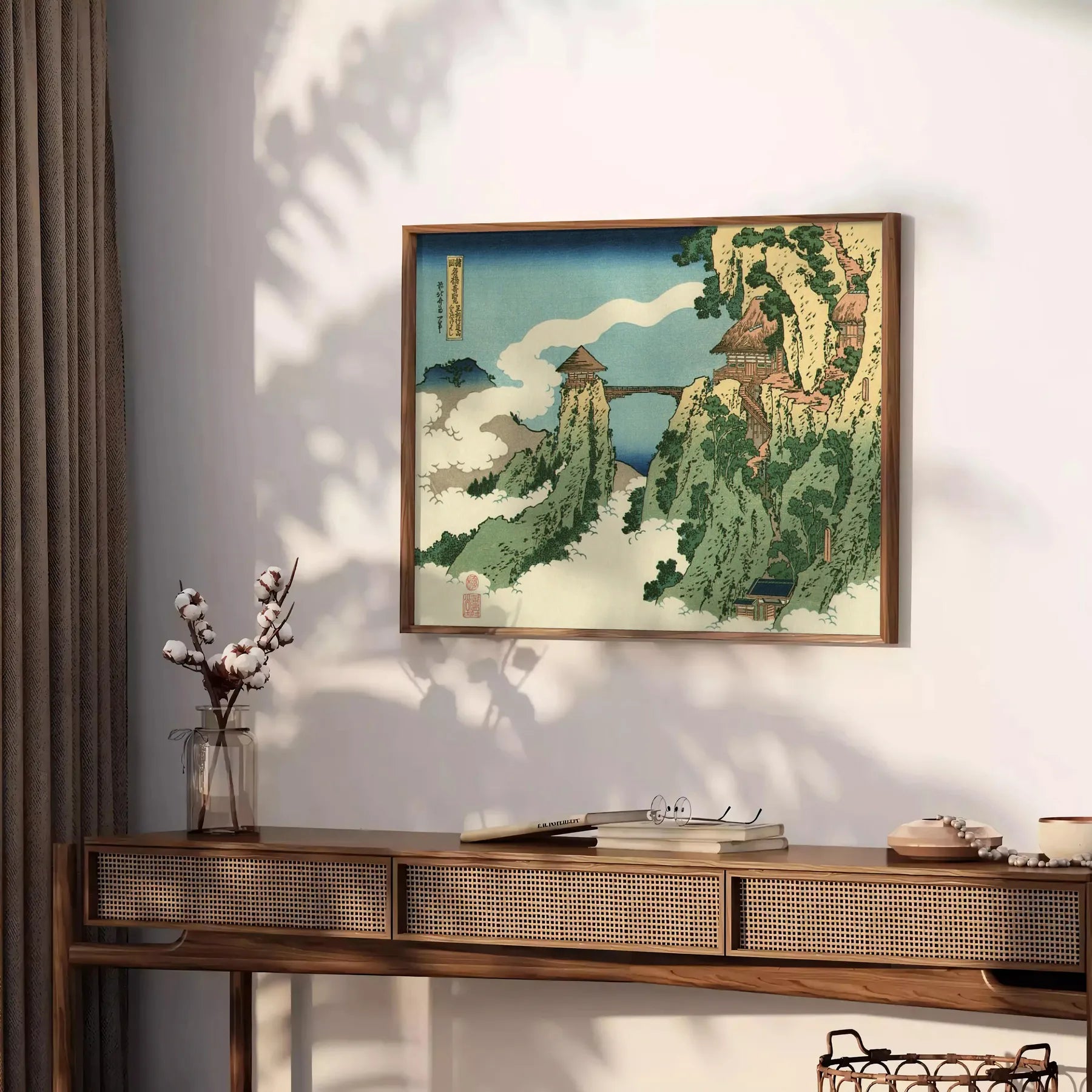 decor Hokusai Bridge Clouds poster serene gray lush green hues art lovers cultural enthusiasts captivating piece elegance space various dimensions A4 cm A0